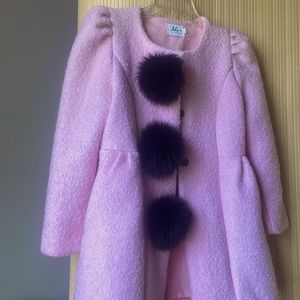 Lola & Thé Boys brand pink wool bouclé jacket with black pom-poms girls six 10.
